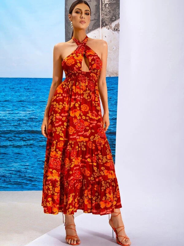 Plum Flower Backless Halter Mini Dress