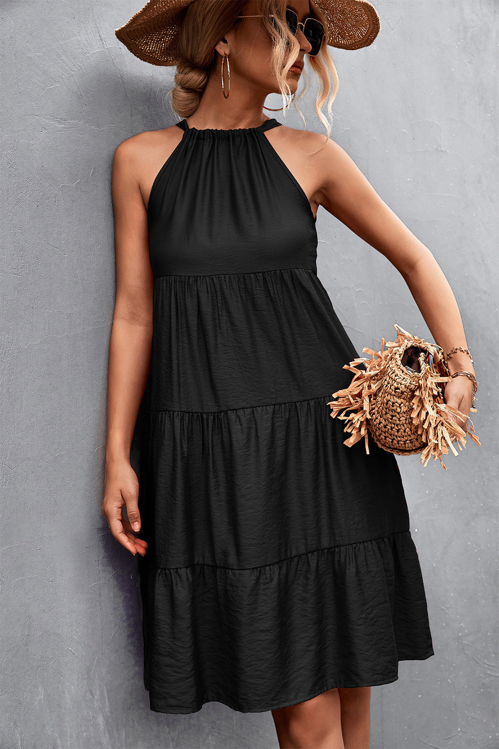 Nights Southern Tiered Halter Dress Black
