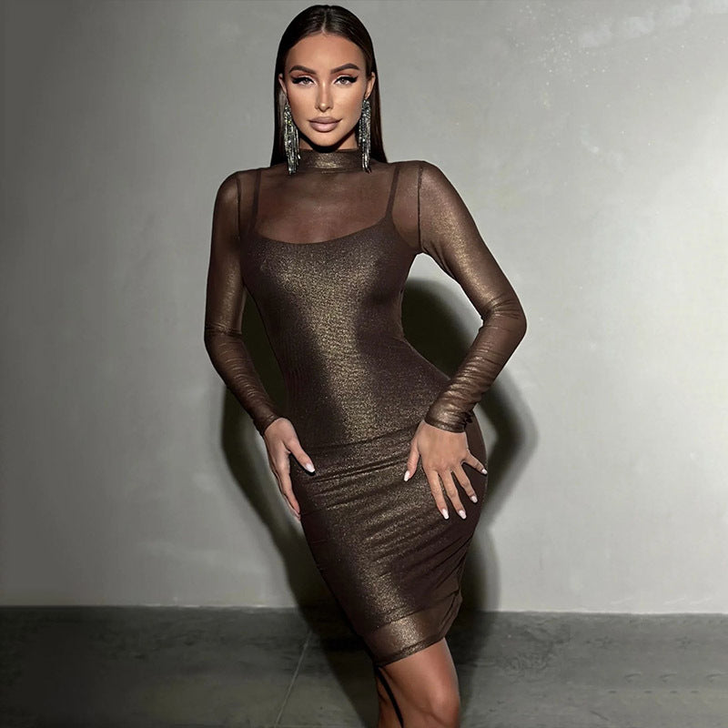 Long Mesh Sleeve Slim Bronzing Thin Glittering Dress Sheath Blouse