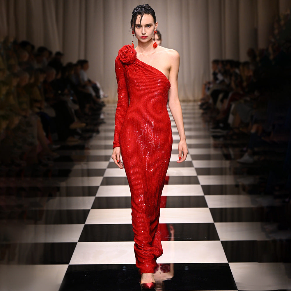 Christmas Red Three Dimensional One Shoulder Flower Sequin Formal Dress Stretch Dress Winter