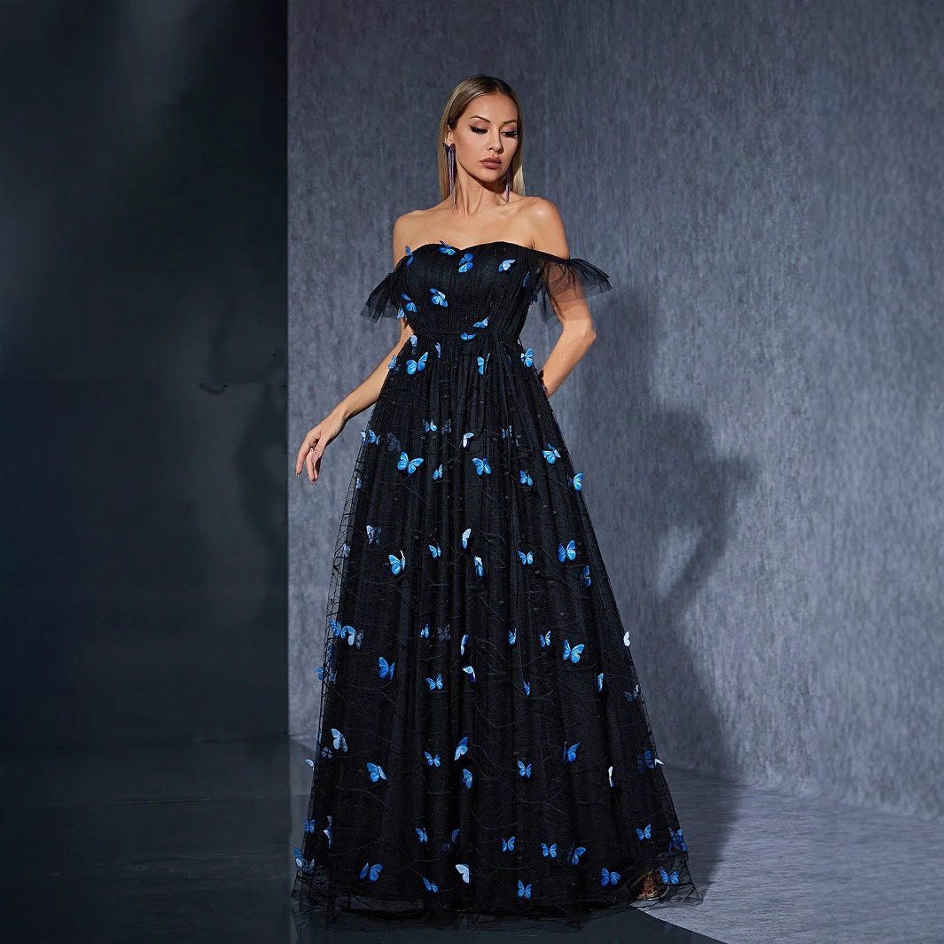 off Black Shoulder Dress Butterfly Embroidered Mesh Niche Cocktail Party Evening Dress