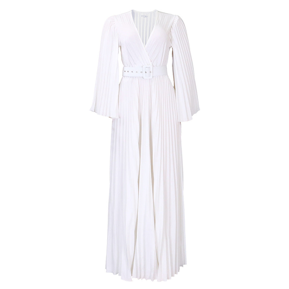 Women Clothing V neck Attractive Pleated Formal Swing Dress Maxi Dress