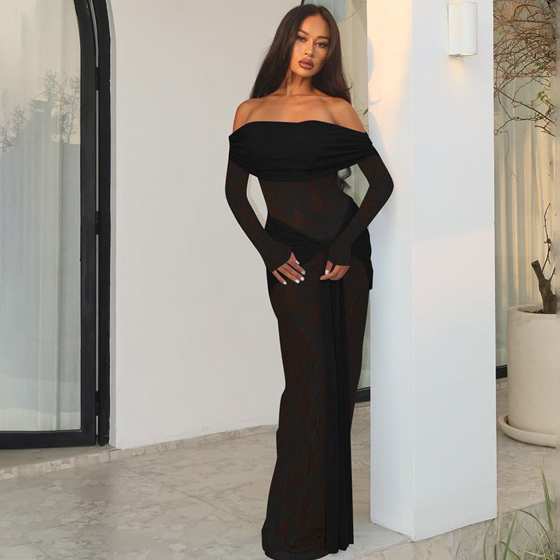 Women Clothing Autumn Refined Lace Patchwork Maxi Dress off Shoulder Long Sleeve Tied Dress