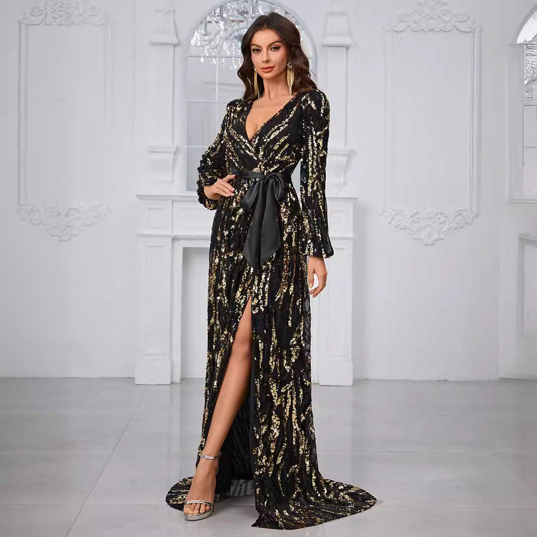 Women Prom Evening Dress Sequined Lace up Random Printed V neck Long Sleeve Light Premium Party Evening Dress