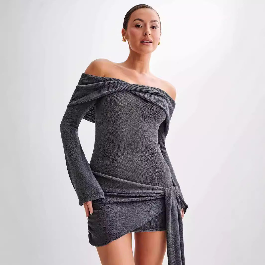 Waist Sidony Knot Off Shoulder Knitted Mini Dress