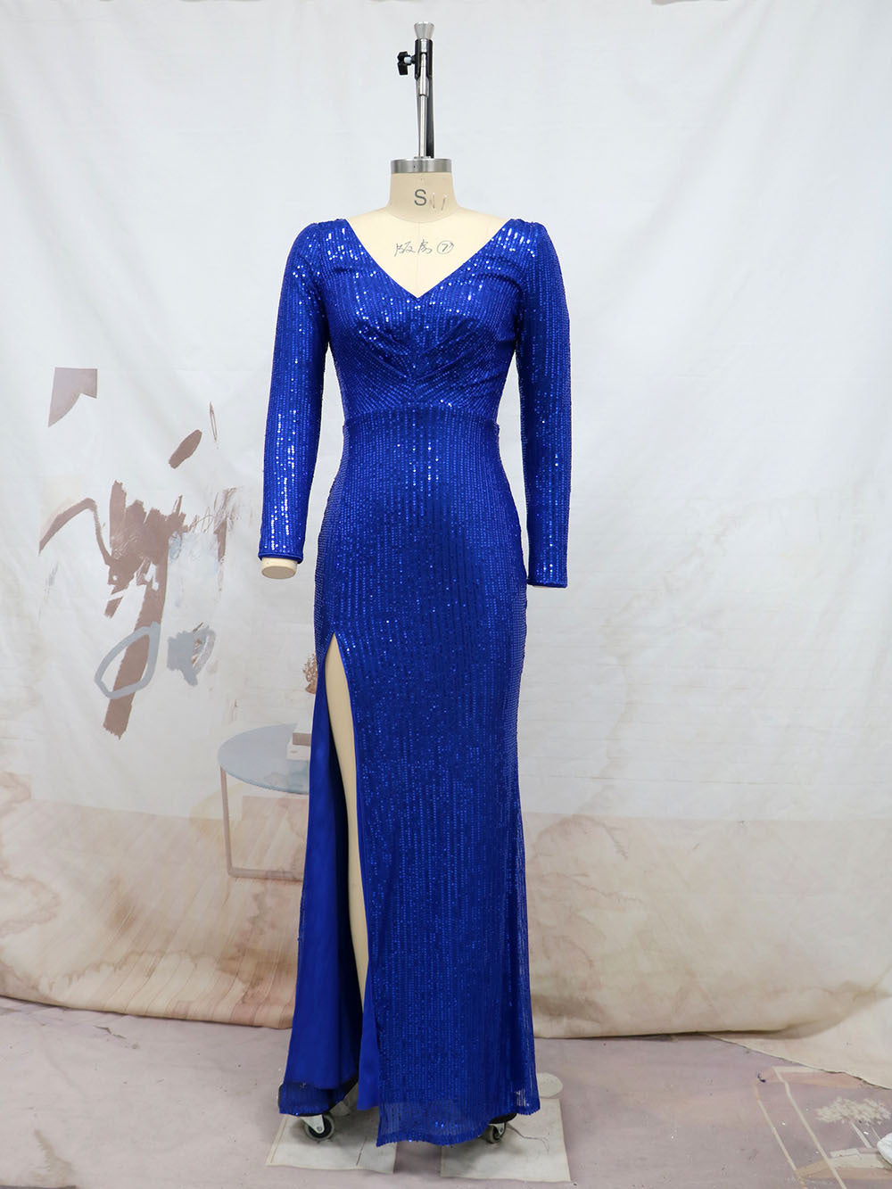 Spring Split Extended Sleeve V neck Slim Fit Long Formal Dress Wedding Cocktail Party Multi Color Sequined Evening