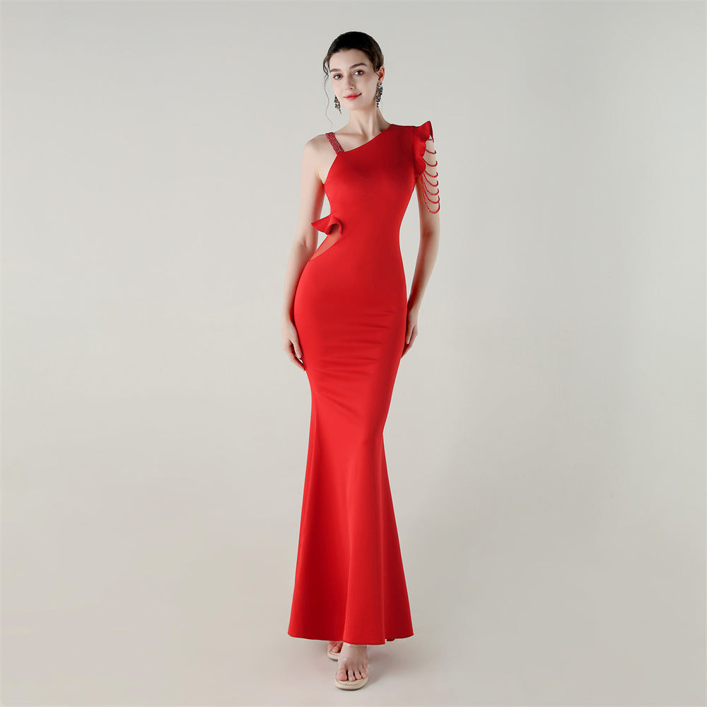Satin Single Shouldered Beaded Fishtail Slim Fit Evening Dress Cocktail Wedding Cut out Ruffled Bottoming Dress