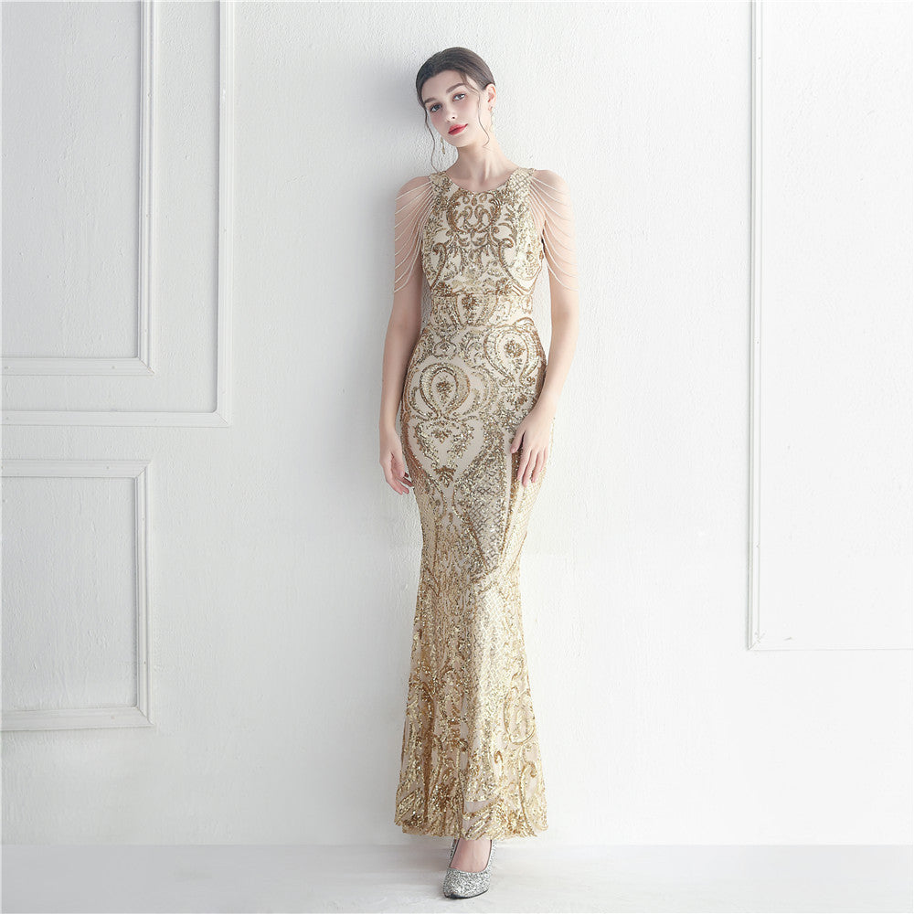 Craft Beaded Positioning Bloom Sequin Star Wedding Prom Maxi Dress