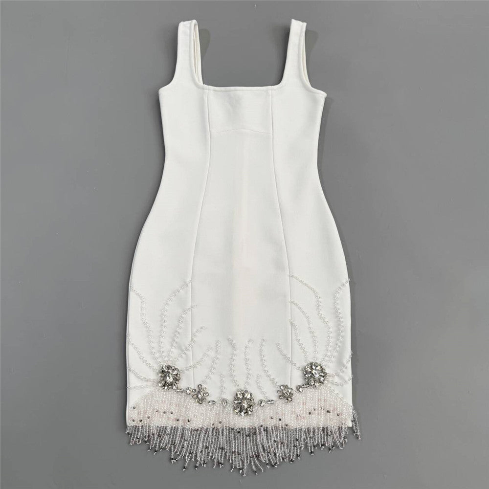Chic Sleeveless Diamond Beaded Tassel Bandage One Piece Dress Prom Party Dinner Dress Short