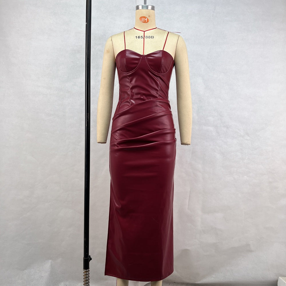 Graceful Faux Leather Tube Top Strap Fold Split Dress
