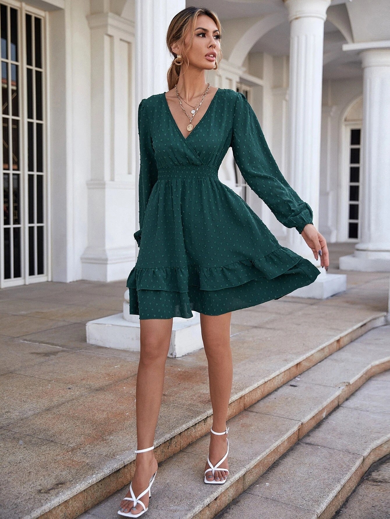 Satin Samar Embossed Cowl Neck Dress Hunter Green