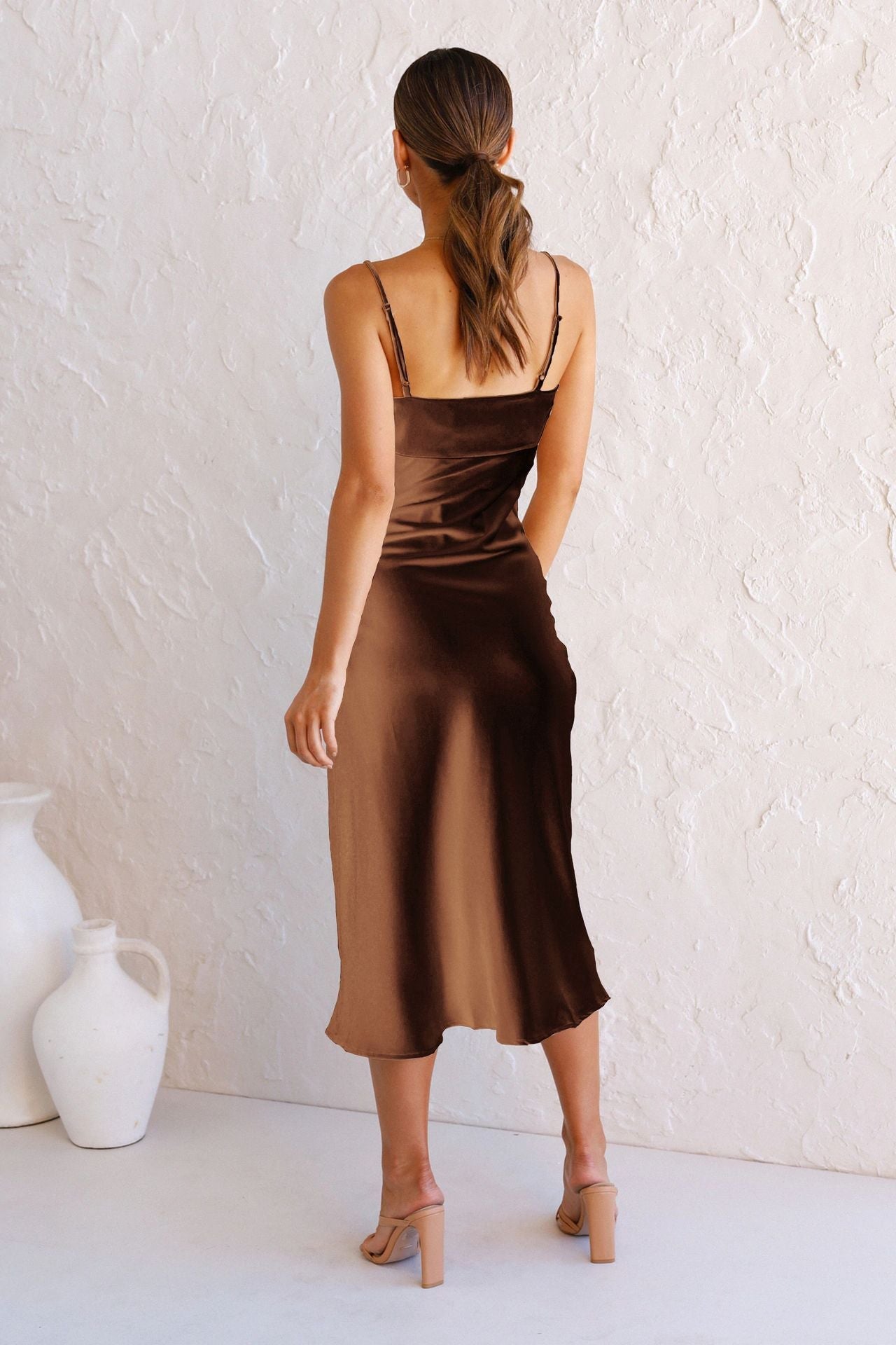 Satin Melise Halter Midi Dress Olive
