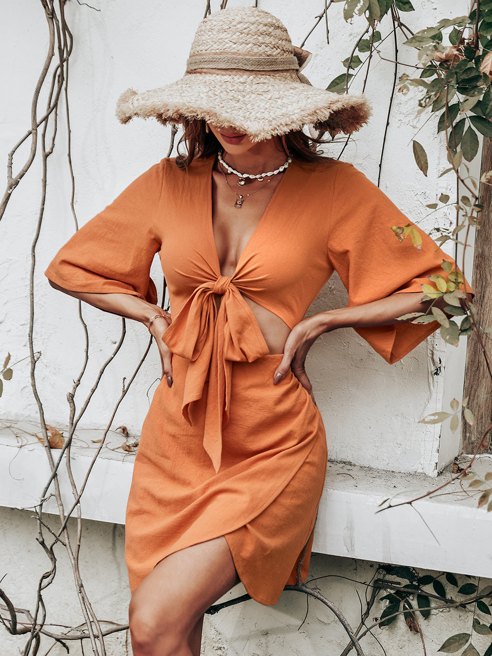 Linen Jenner Blend Tie Front Cutout Midi Dress Orange