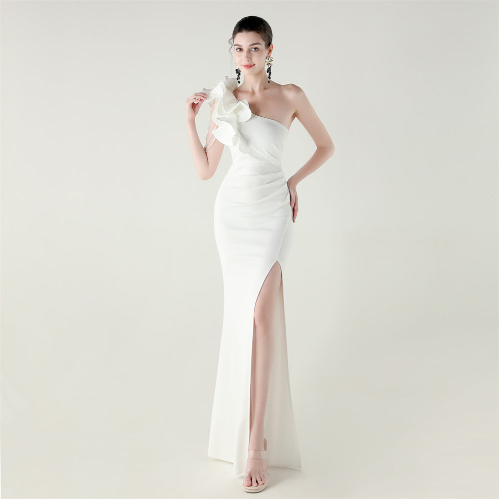 One Shoulder Craft Beading Wave Flower Satin High Slit Sexy Evening Dress Dinner Party Wedding Social