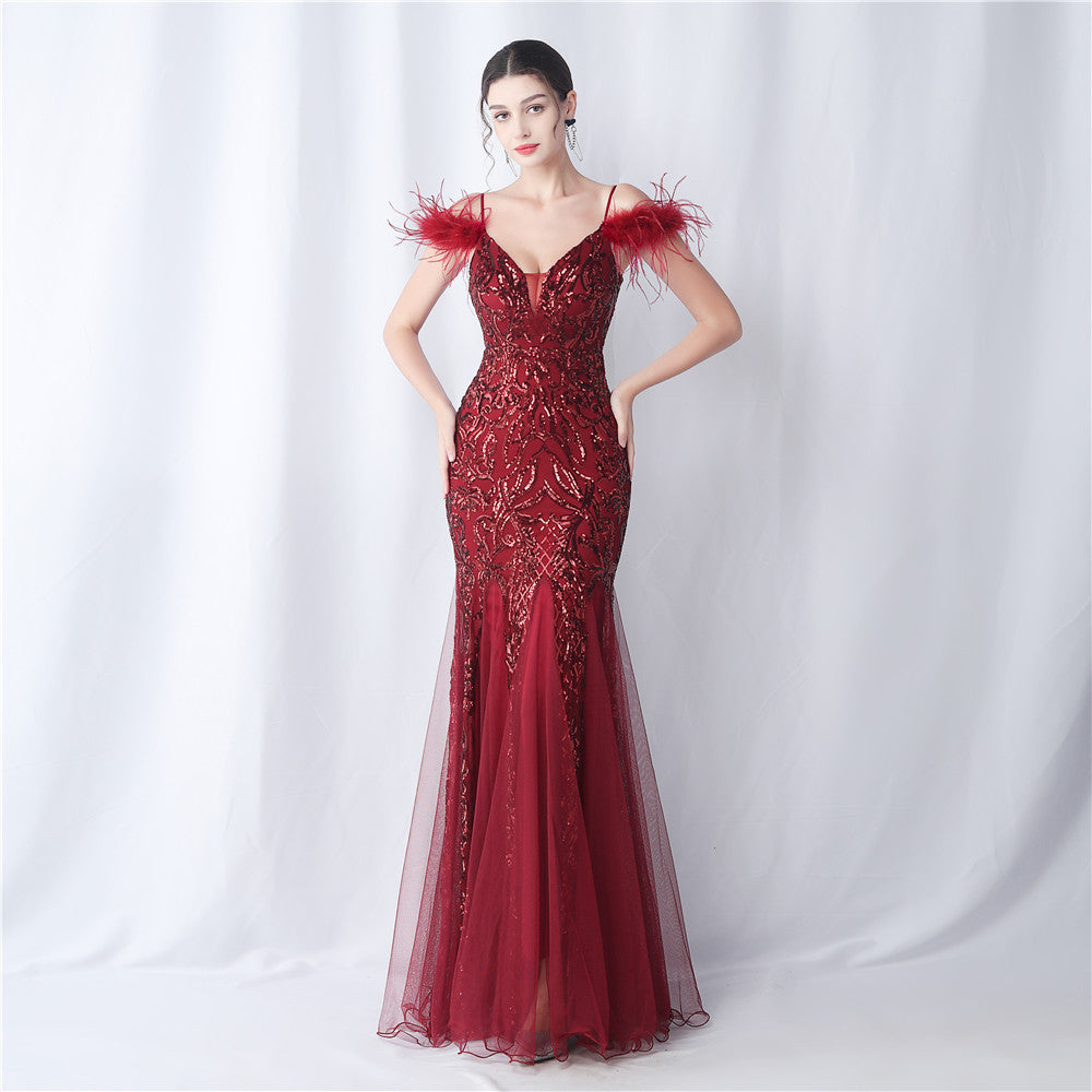 Ostrich Feather Craft Mesh Positioning Flower Sequin Annual Meeting Wedding Evening Dress