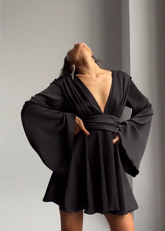 Satin Celeste Bell Sleeve Mini Dress