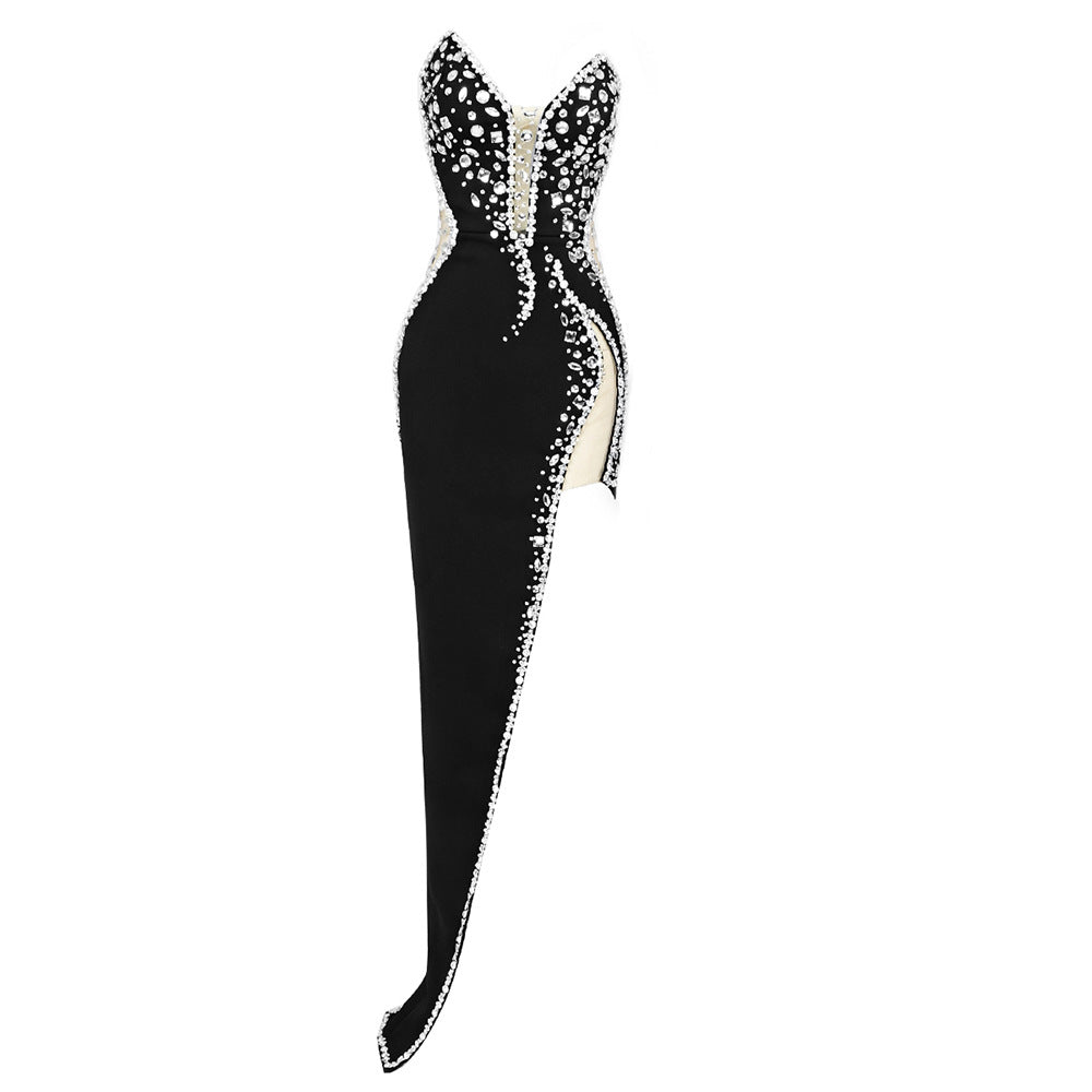 Heavy Wear Industry Beads Lace Slim V neck Three Dimensional High Grade Holiday Party Dress