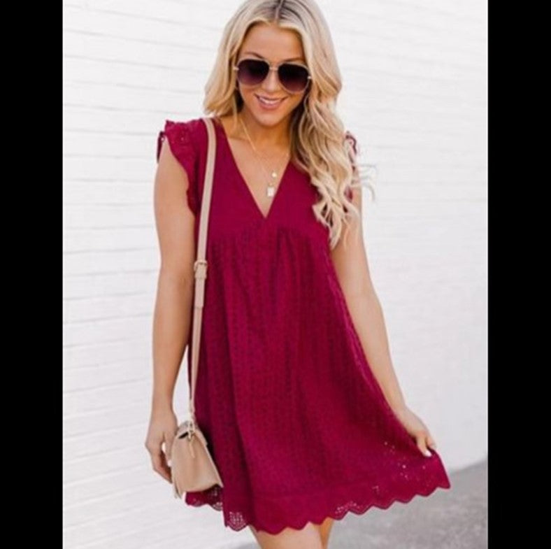 Cotton Pam Pocketed Tiered Eyelet Dress Red
