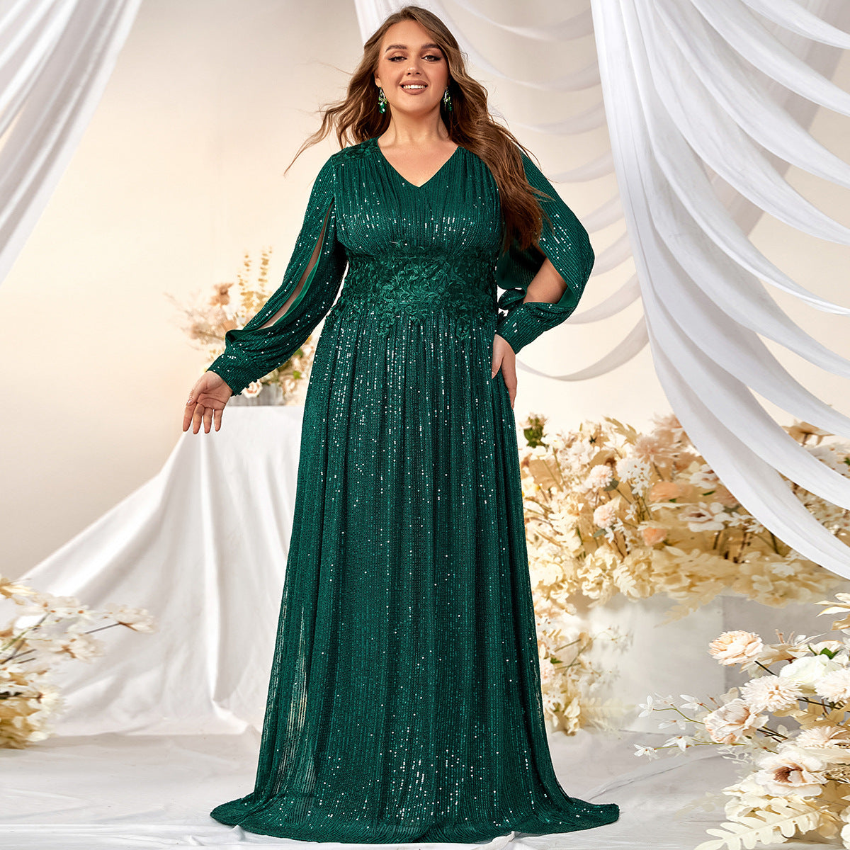 Plus Size Evening Dress Sequined V neck Split Long Sleeved Prom Evening Gown Mopping Dress