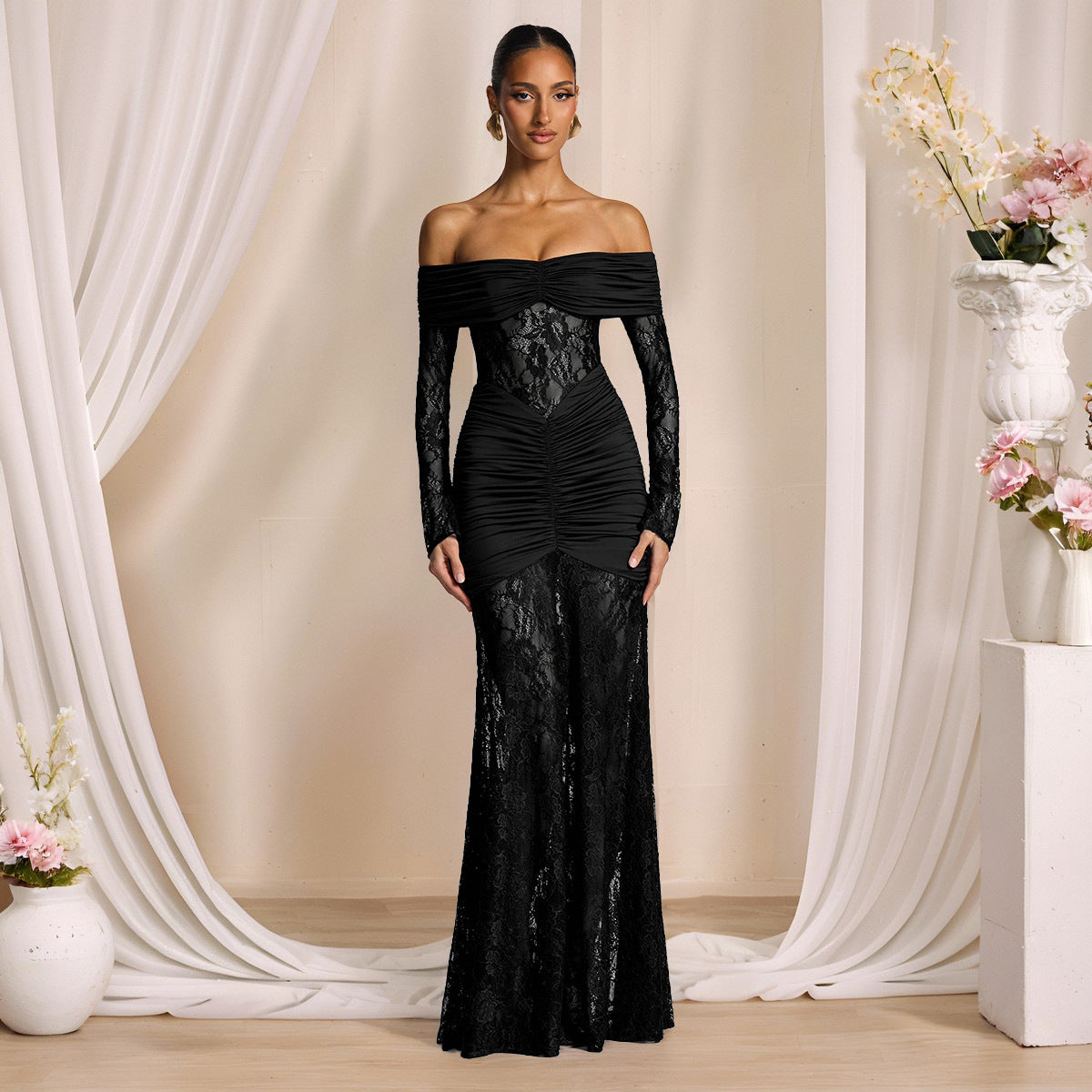 Autumn Graceful Lace Stitching off Shoulder Long Sleeve Narrow Dress Maxi Dress Women Evening Dress