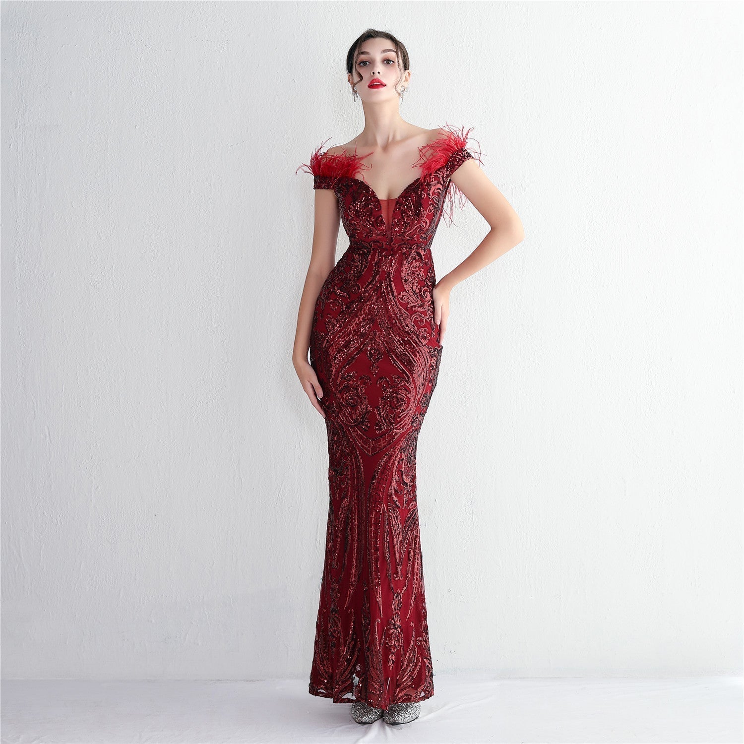 High Density Three Dimensional Strong Sequin Positioning Botanical Craft Handmade Wool Cocktail Slim Fit Evening Dress