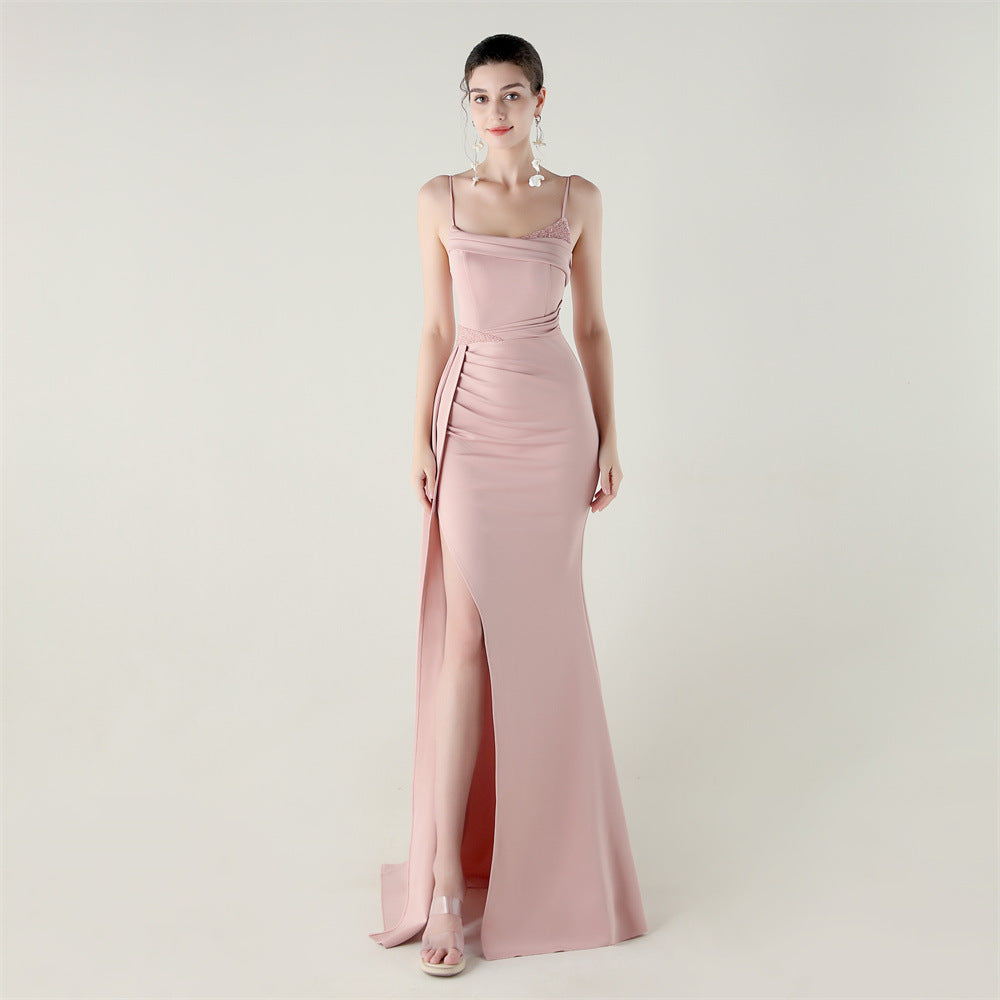Bandeau Sling Satin Beaded Fishtail Evening Dress Dinner Wedding Dignified Sexy Graceful Dress