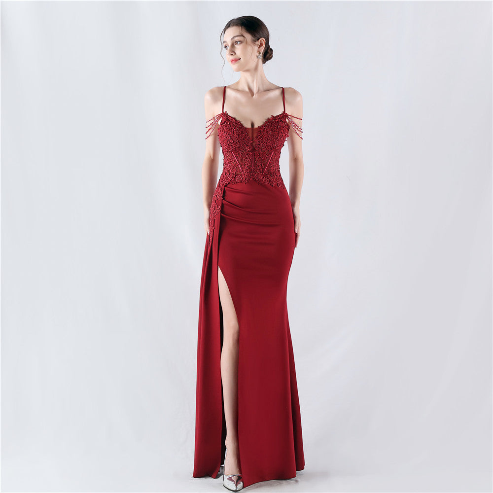 Dress Heavy Embroidery Drilling Order Flower Waist Boning Corset Beaded Satin Evening Dress Annual Meeting Wedding