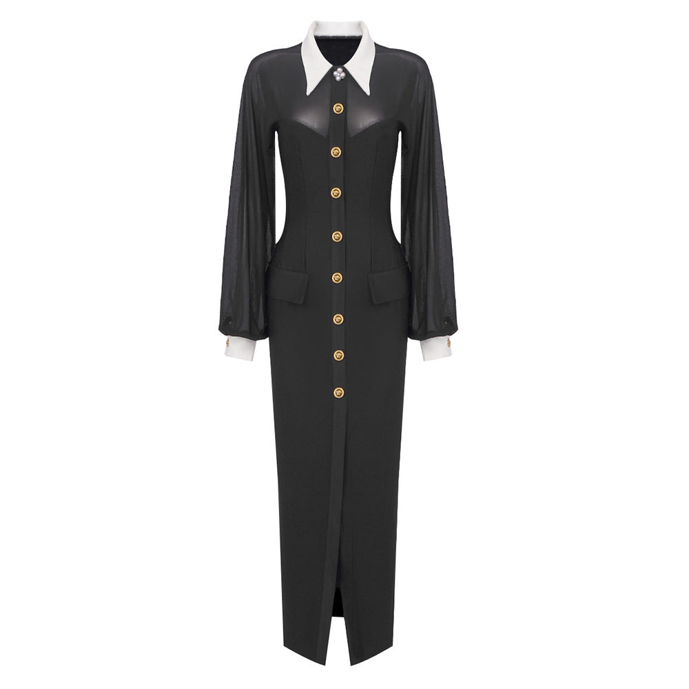 White Collar Black Long Long-Sleeved Mesh Maxi Dress Open Button Cardigan Dress Catwalk Women Clothing