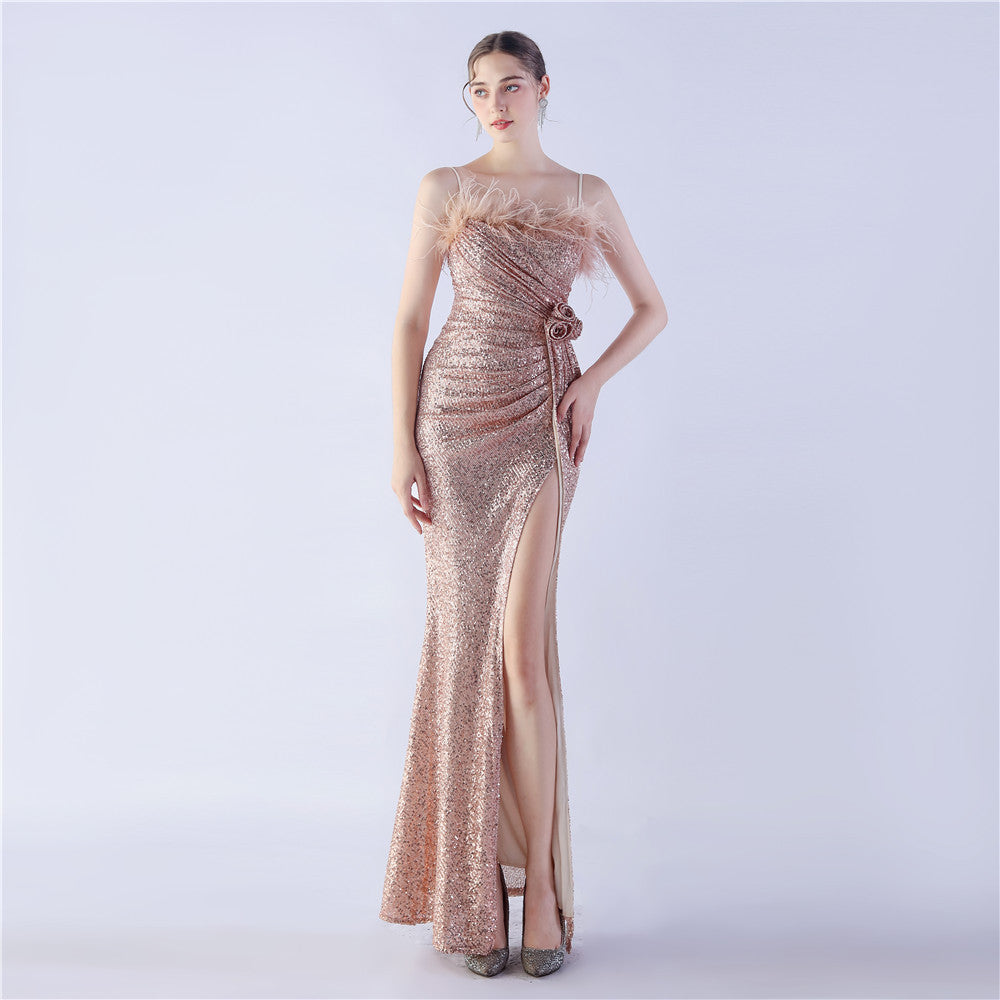 Ostrich Hair Craft Flower Wedding Annual Meeting High End Evening Dress
