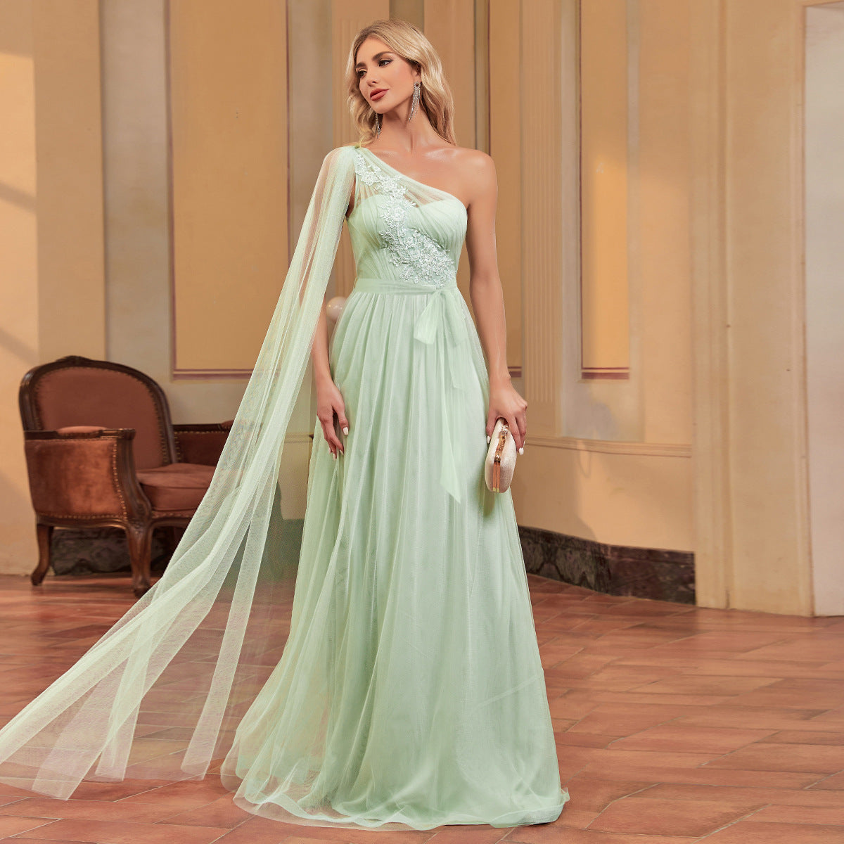 Sleeve Floor Applique Dress Chiffon Maxi Dress Fishtail Bridesmaid Cocktail Evening Dress