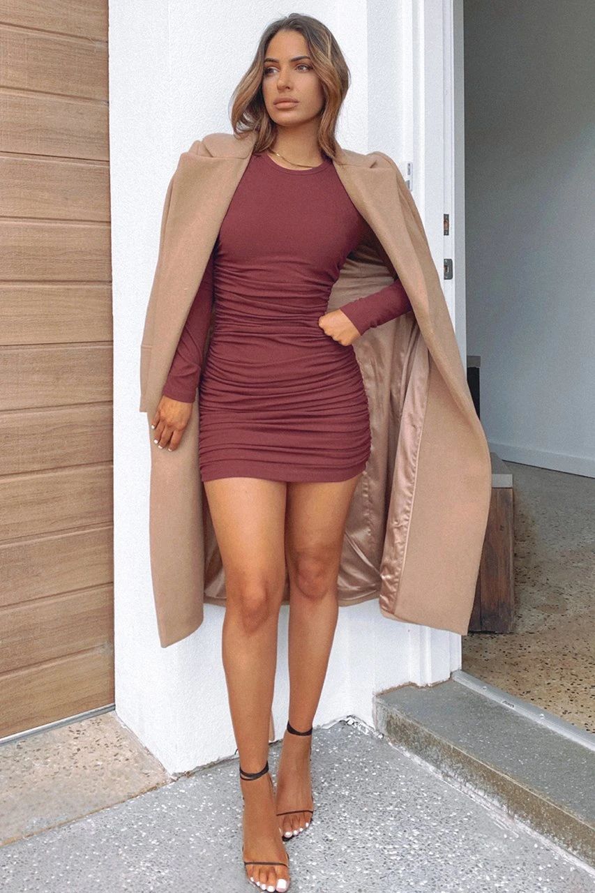 Long Yasmine Sleeve Ruched Knit Dress Wine