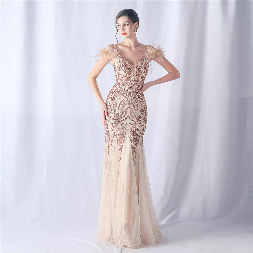 Ostrich Feather Craft Mesh Positioning Flower Sequin Annual Meeting Wedding Evening Dress