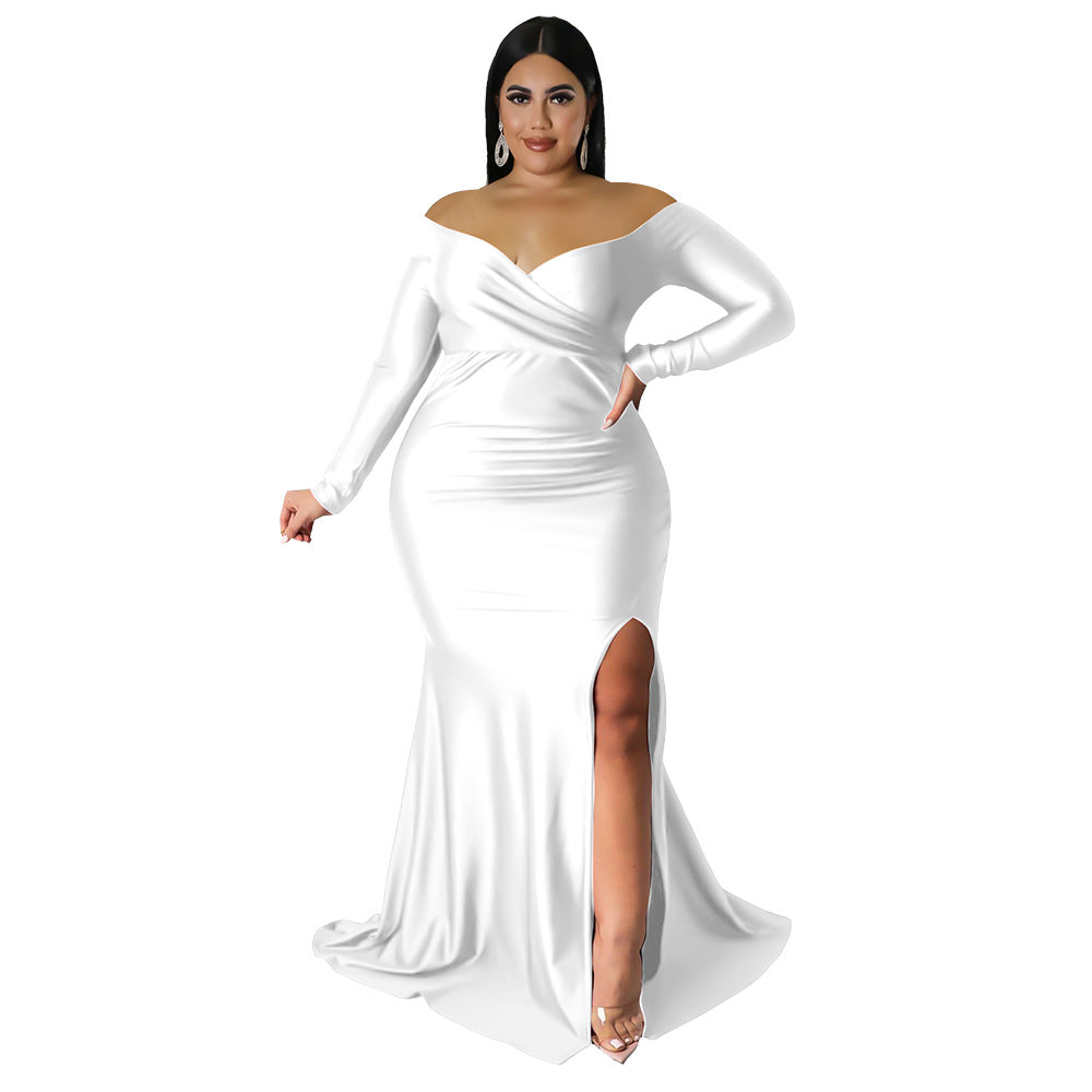 Plus Size Women Clothes Attractive Dress Nightclub V neck Formal Dress Solid Color Split Maxi Dress Autumn Winter Women