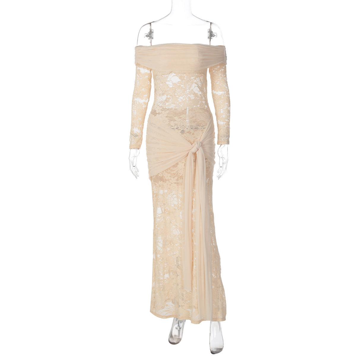 Women Clothing Autumn Refined Lace Patchwork Maxi Dress off Shoulder Long Sleeve Tied Dress