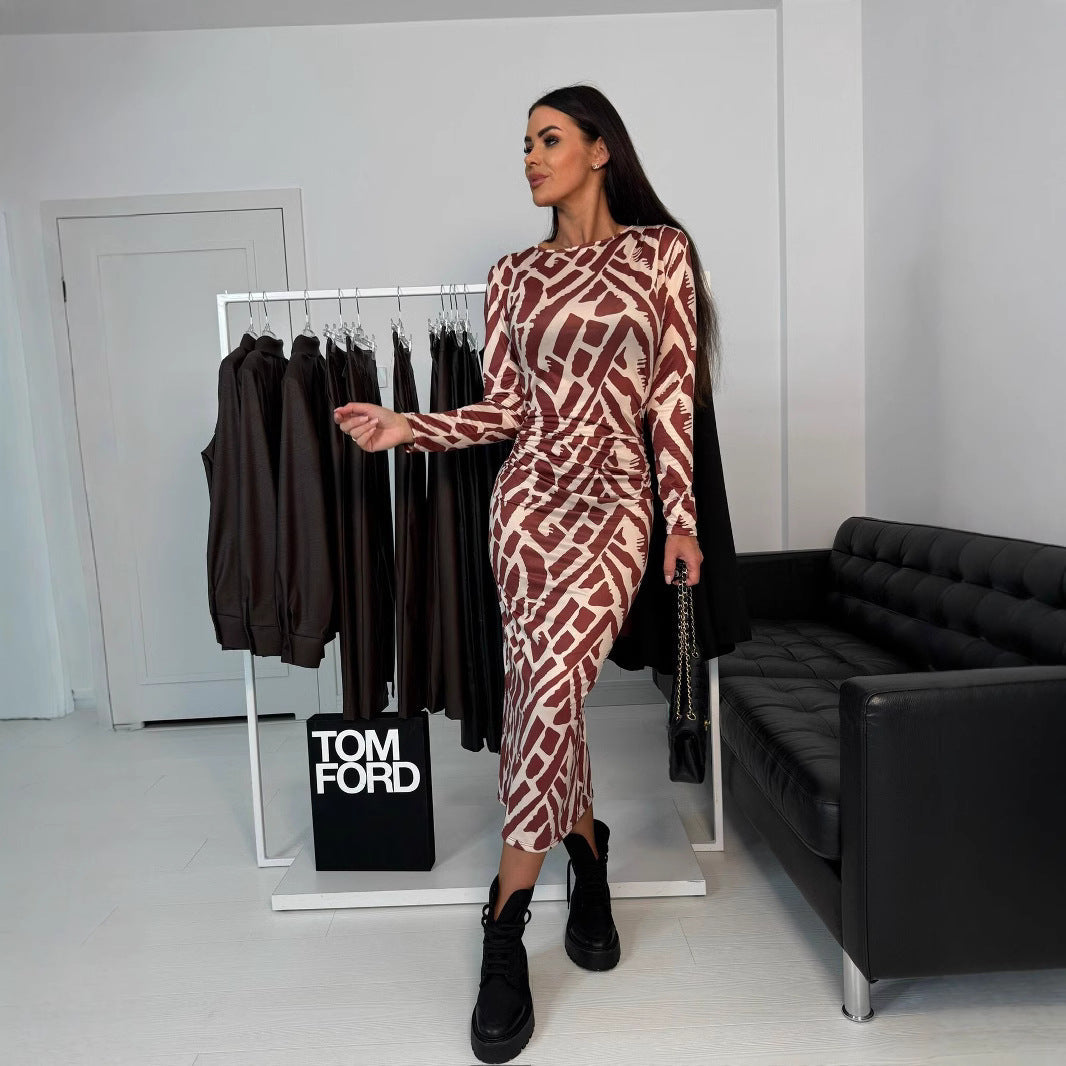 Slim Printed Fit High Waist Midi Dress Long Sleeve