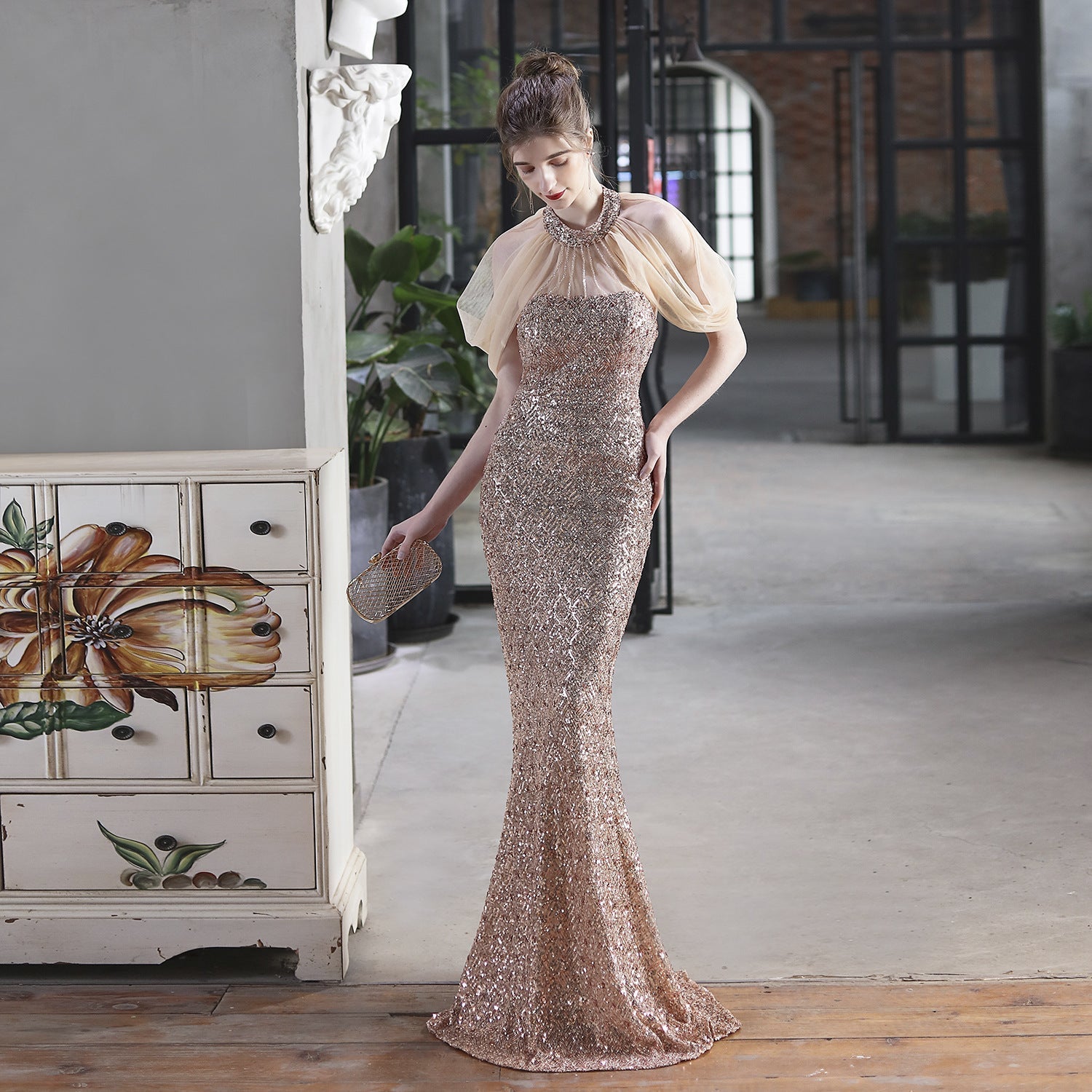 Sequin Mesh Toast Dress Bride Extended Appreciation Dinner Halter Fishtail Wedding Car Model Exhibition Dress