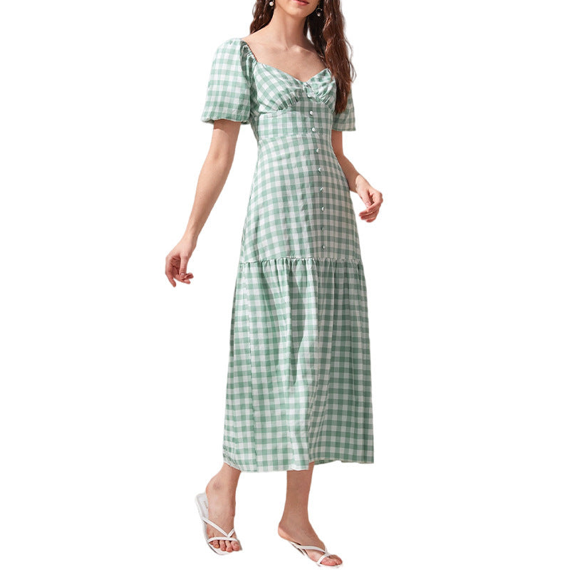 Puff Rye Sleeve Gingham Midi Dress Hunter Green