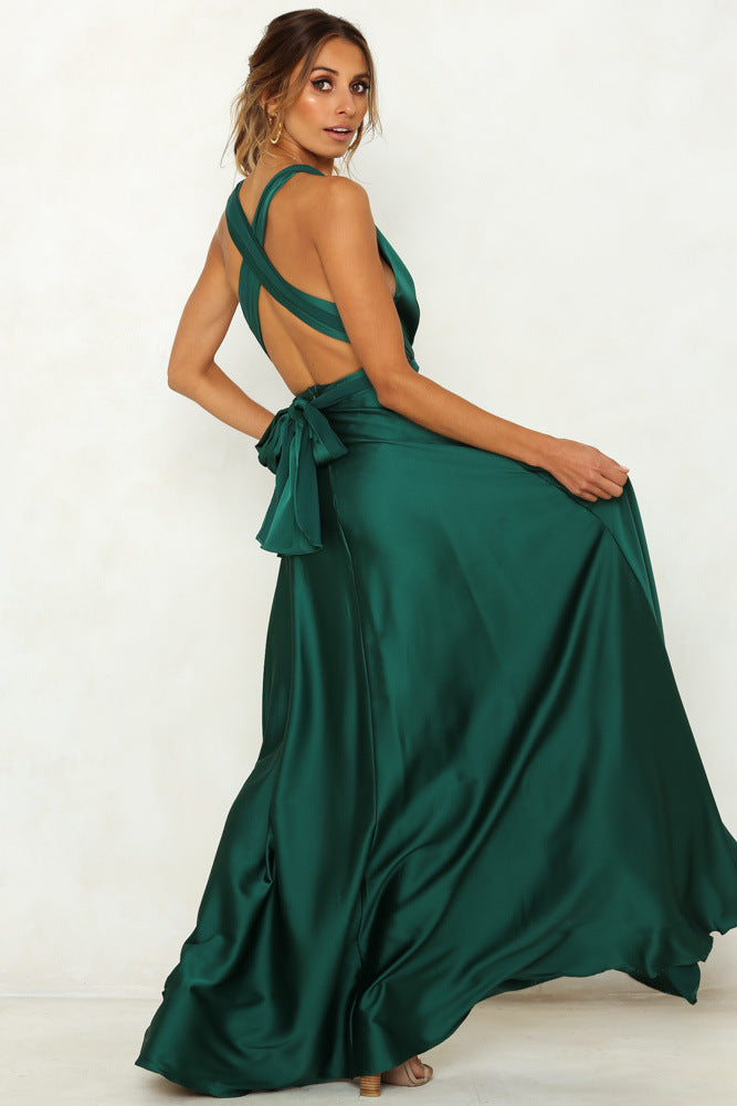 Spring Summer Solid Color Lace-up V-neck Chic Women Clothing Backless High Waist Dress Maxi Dress Maxi