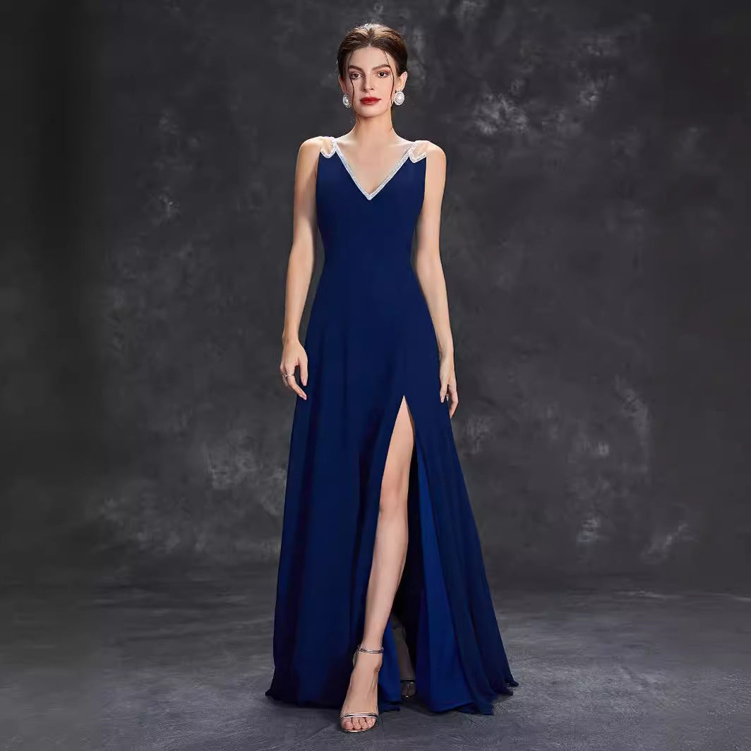 Solid Color Evening Deep V Plunge neck Sleeveless Split Polished Dress Cocktail Party Prom Maxi Dress Summer