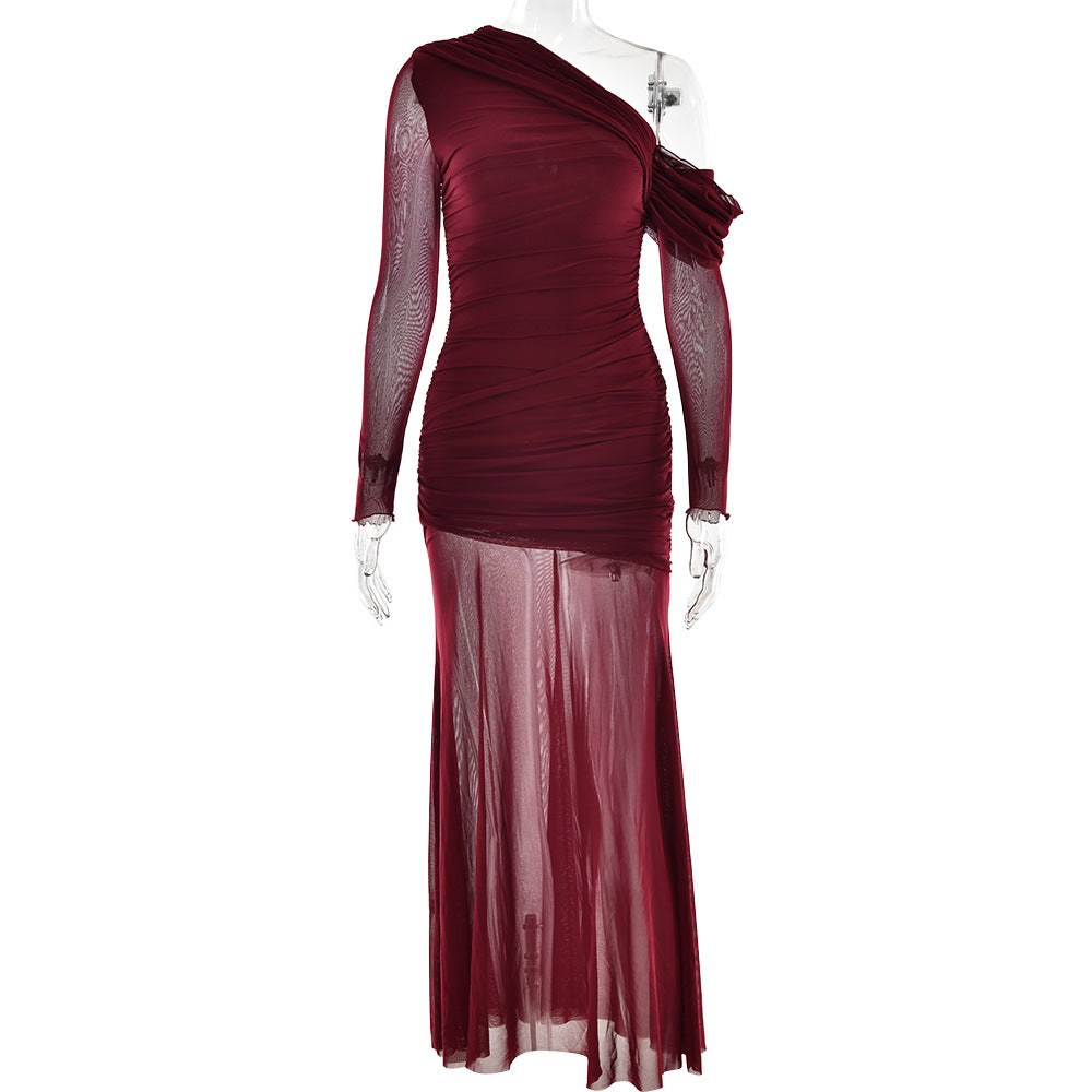Women Dress Mesh Stitching Pleated Solid Color Long Sleeved Slim Fit Maxi Dress