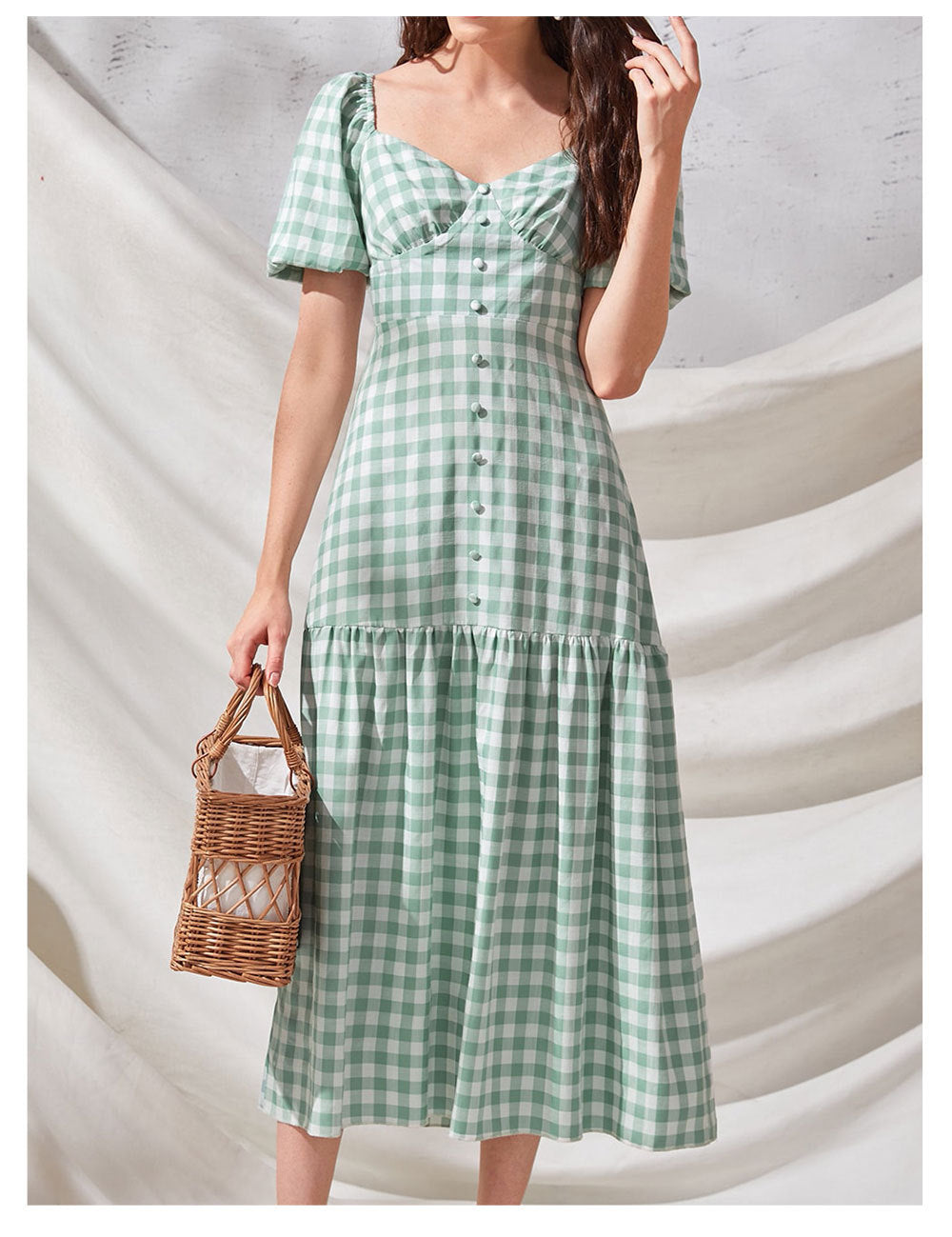 Puff Rye Sleeve Gingham Midi Dress Hunter Green