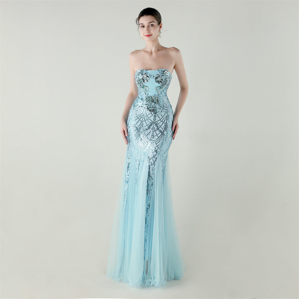 Tube Top Cross Strap Beaded Tube Flower Sequin Mesh Evening Dress Cocktail Wedding Social Elegant Clothing