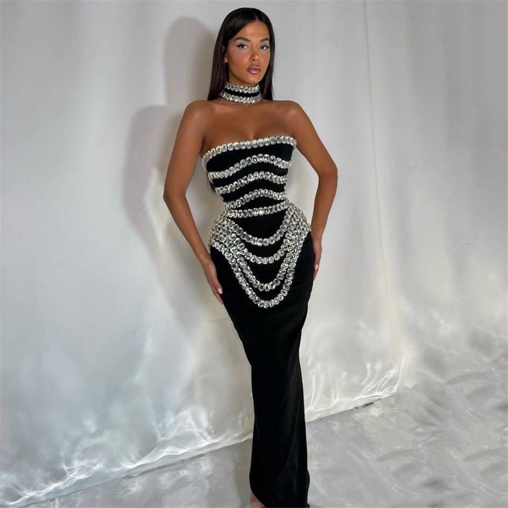 Design Niche Heavy Industry Beads Tube Top Bandage Dress Party Dinner Dress