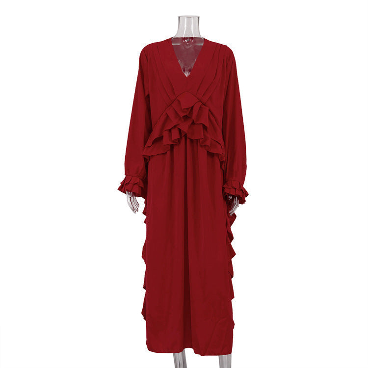 French Design Ruffled Long Sleeve Dress Red V neck Easygoing Dress