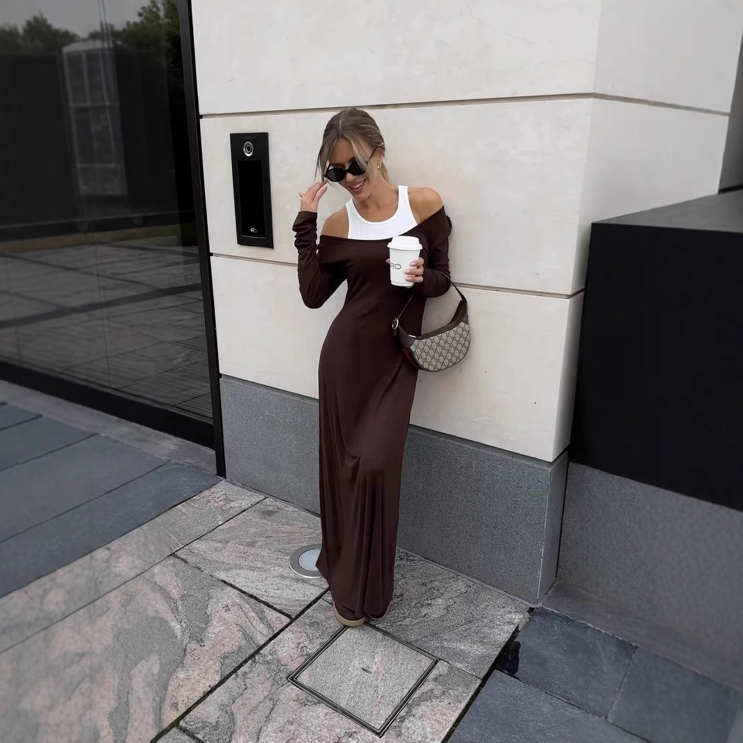 Sleeve Long Stitching Faux Two Piece Vest Dress
