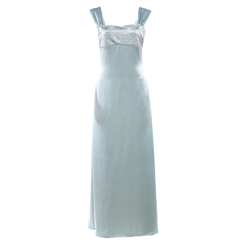 Autumn Winter Women Refined Strap Tube Top Backless Rhinestone Waist Tight Maxi Dress for Women