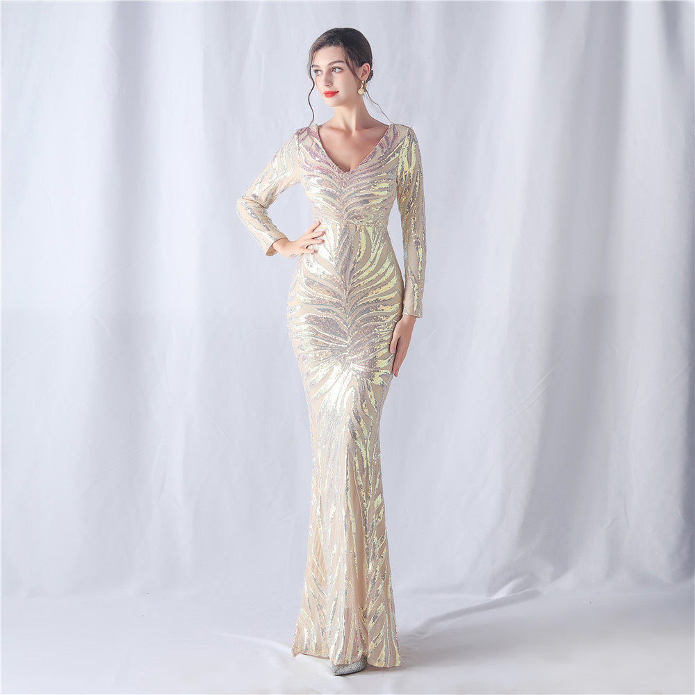 Positioning Flower Cutting Craft Magic Color Sequin Annual Meeting Wedding Long Sleeve Evening Dress