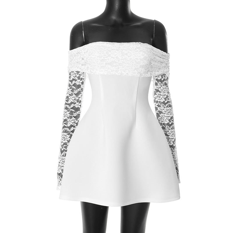 off lothing Neck Lace Stitching Long Sleeve Waist A line Dress