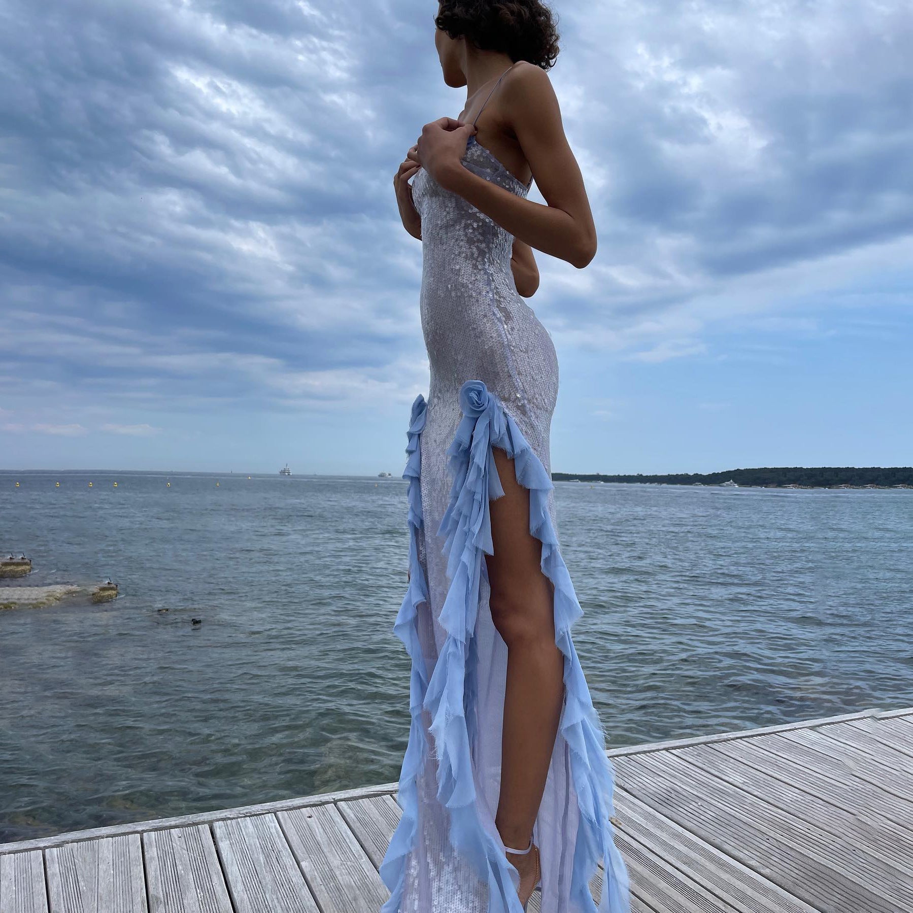 Evening Dress Sexy See through Maxi Dress Sequined Stringy Selvedge Dress Three Dimensional Flower Frayed Dress
