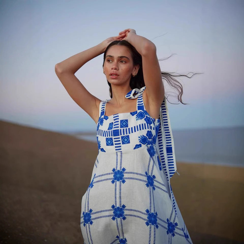 Halter Vacation Spaghetti Straps Maxi Dress Sleeveless Printed Dress